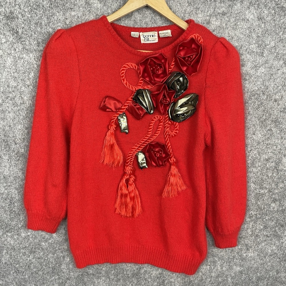 Vintage Maximalist Angora Blend 3D Rose Tassel Sweater Womens L Puff Sleeve 80s